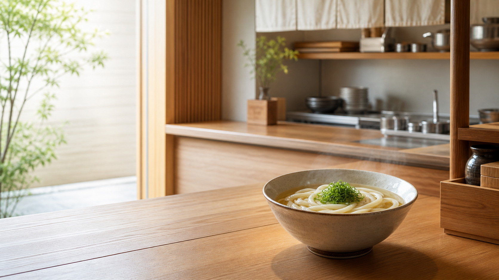 木の卓上に置かれた温かいうどん